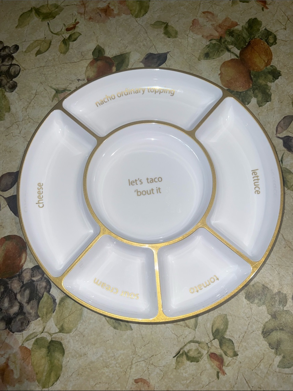 White and Gold Divided Taco Serving Platter - Lets Taco 'Bout It